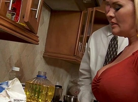 Chesty wife krissy lynn slurping cum in the kitchen