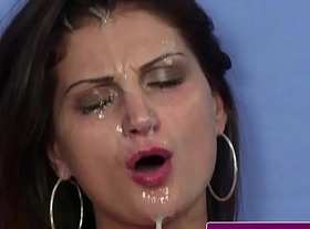 Stockinged beauty facialized during audition